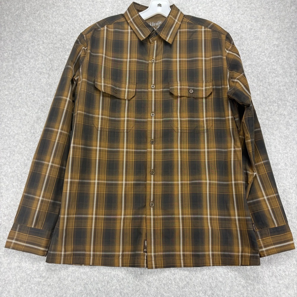 KUHL Button Up Shirt Mens M Brown Plaid Eluxur Hiking Gorpcore Outdoor Trail